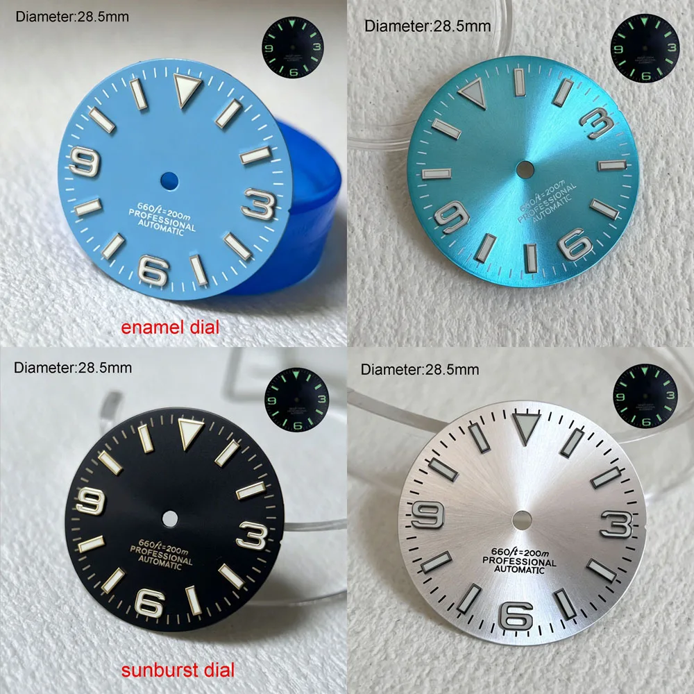 Esfera de 28.5mm con logo S para movimiento NH35, colores rosa, blanco, gris, verde, con índices 3-6-9, manecillas Ben z verdes luminosas, piezas blancas 114200.