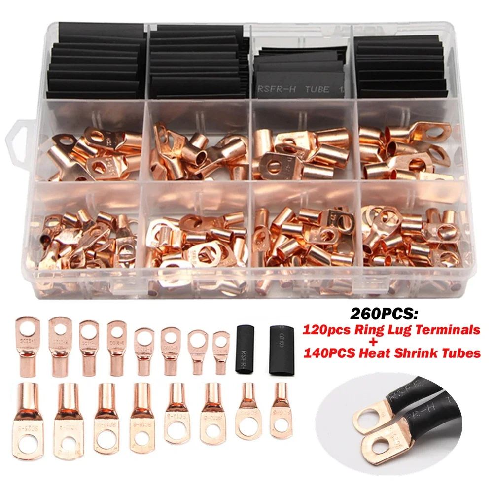 

60/140/220/260PCS SC Electrical Terminals for Cable Lugs Tinned Copper Lug Ring Wire Connectors Bare Cable Terminals