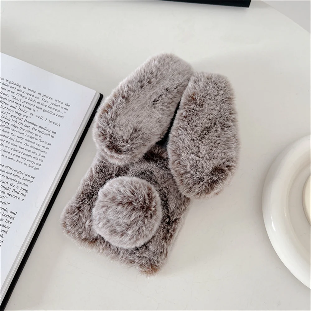 Korean Cute Fur Fluffy Rabbit Soft Case for Samsung Galaxy ZFlip 4 3 2 1 Zflip Flip4 Flip3 5g Women Girl Plush Cover Accessories