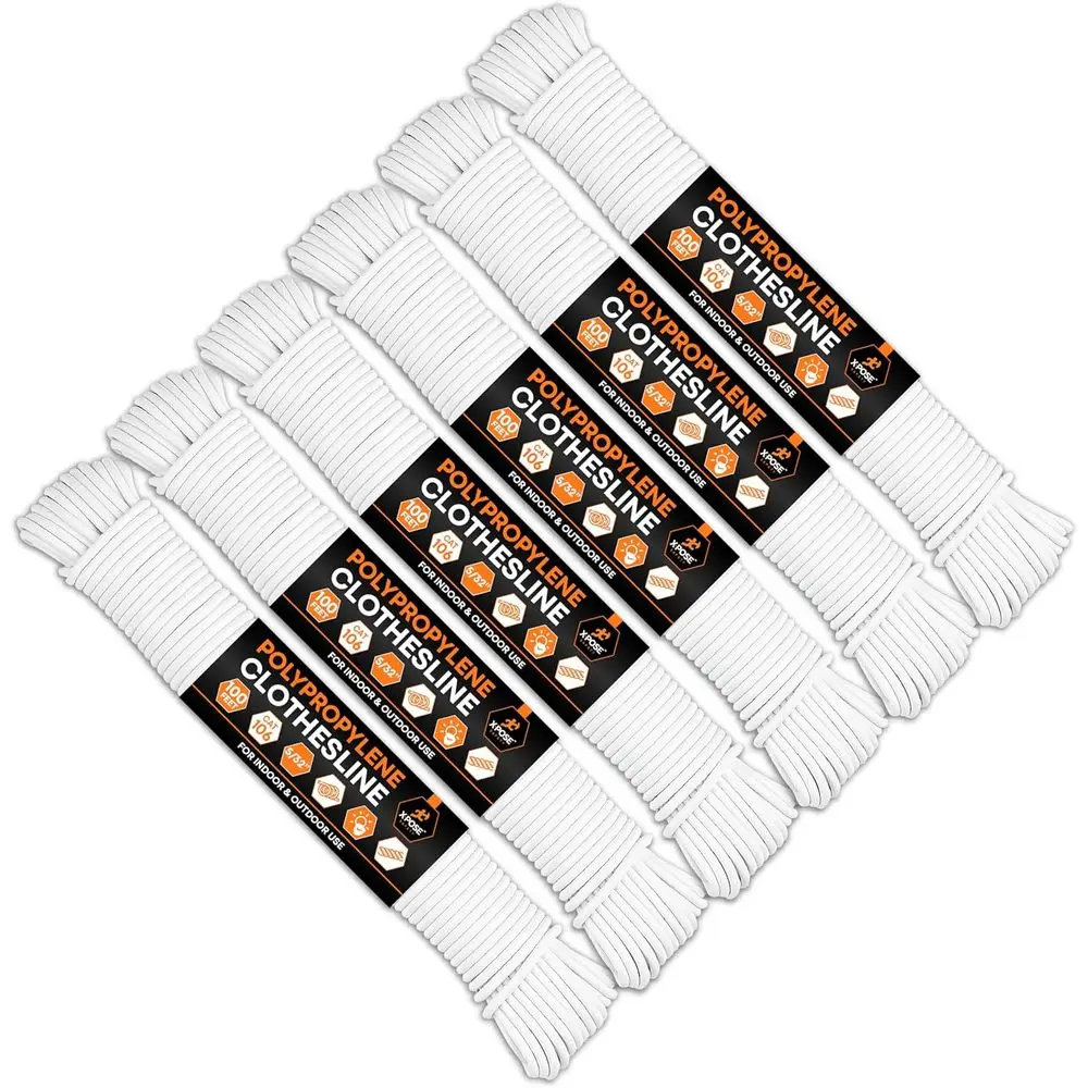 Weatherproof 5/32 x 100ft 6-Pack White Braided Plastic Clothesline for Outdoor Laundry Drying