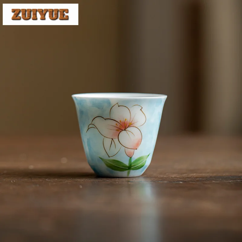 2pc/lot Hand-painted Lily Tea Cup Japanese Master Cup Luxury Set of Cups Fragrance Cup Tea Bowl Kung Fu Tea Craft Gifts 45ml