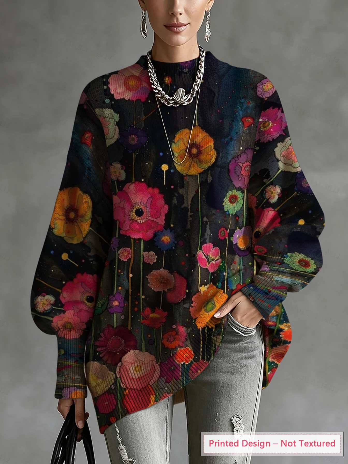 Women's Autumn and Winter Sweater with Vintage Floral Color-Blocking Print, Diagonal Hem, Lantern Sleeves, Bohemian Style