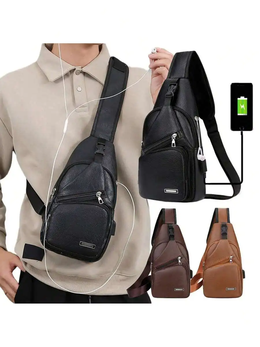 Mens PU Leather Sling Bag With USB Port Lightweight Crossbody Chest Bag For Travel Gym Outdoor view 3