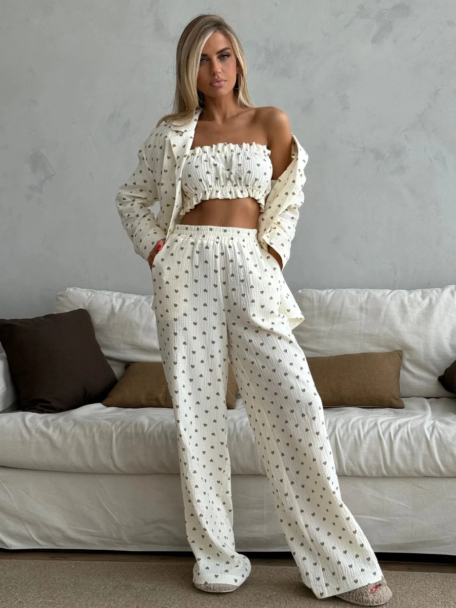 

Mozuleva Women Heart Printed Pajamas Suit Ladies Vest + Loose Shirt + Pants 3 Piece Sets 100% Cotton Outfits Pajamas for Women