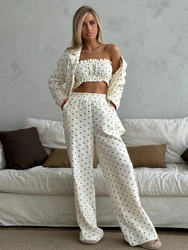 Mozuleva Women Heart Printed Pajamas Suit Ladies Vest + Loose Shirt + Pants 3 Piece Sets 100% Cotton Outfits Pajamas for Women