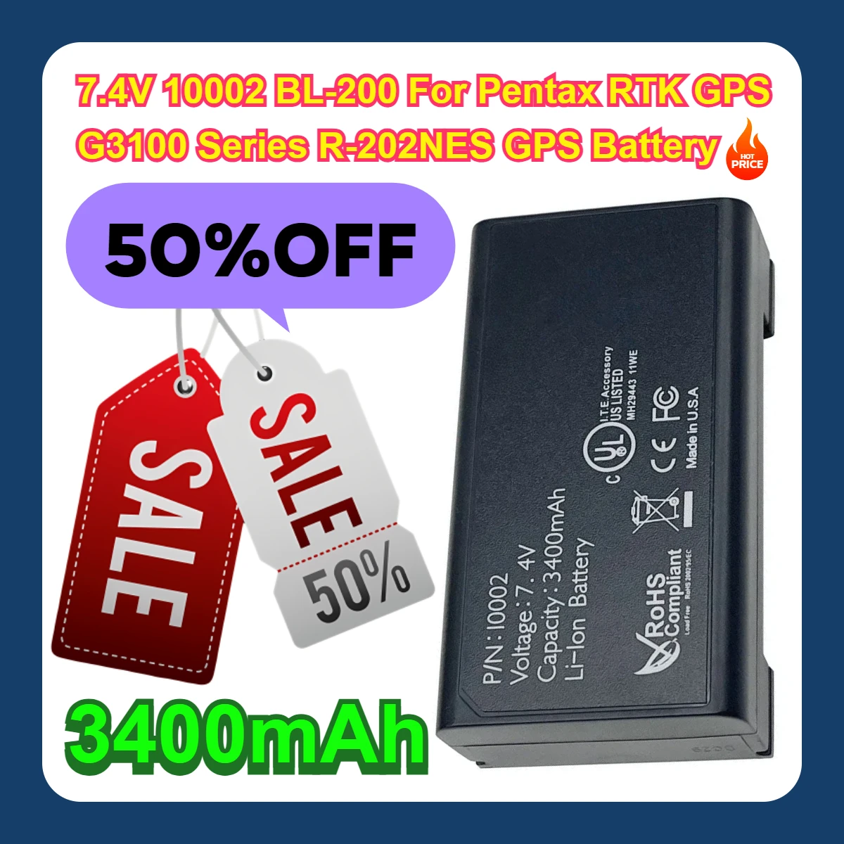 

7.4V 10002 BL-200 3400mAh For Pentax RTK GPS G3100 Series R-202NES GPS Battery