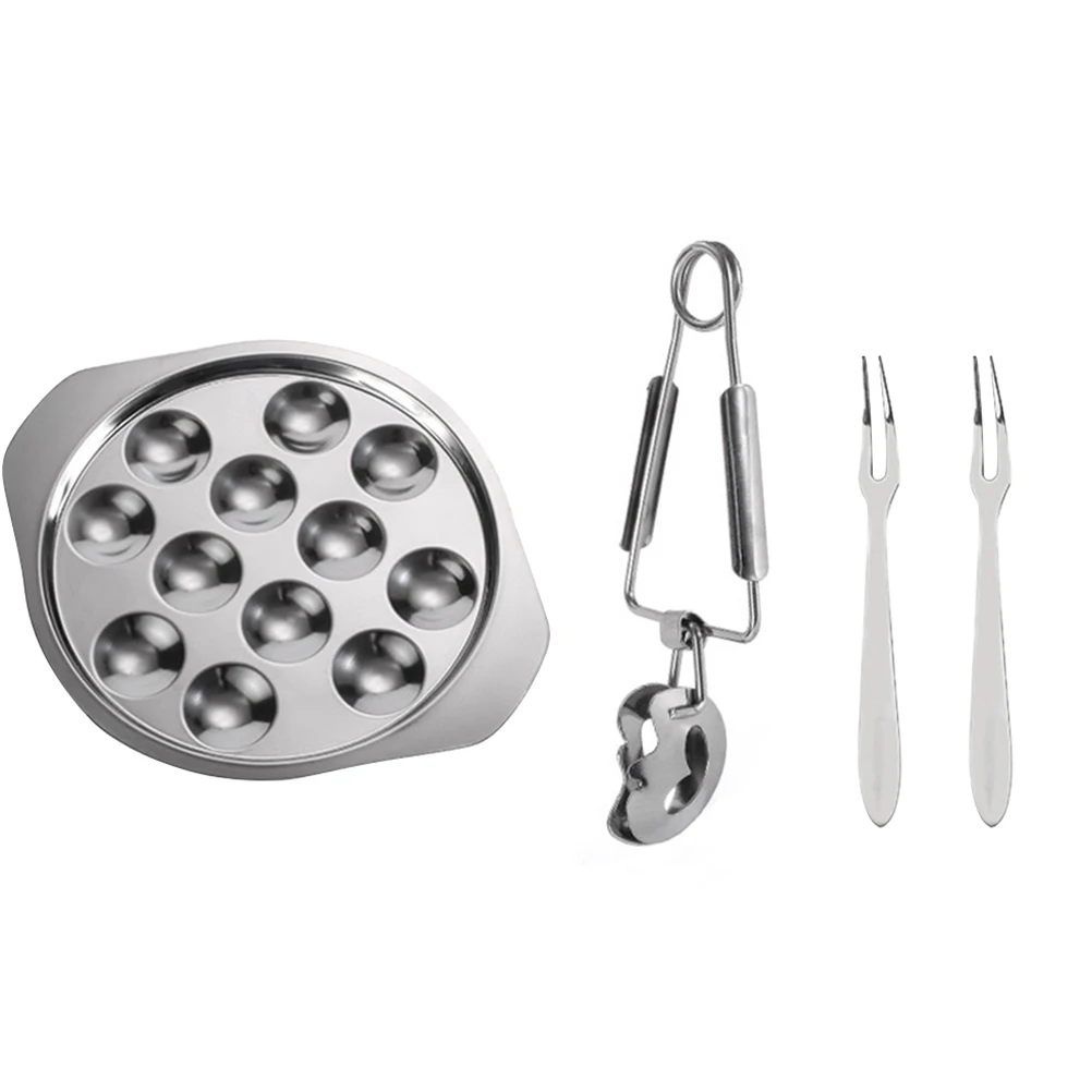 

1 set Stainless Steel Snail Plate 12 Holes Separate Restaurant Escargot Dish Conch Fork Baking Tray Clamps Kitchen BBQ Tools