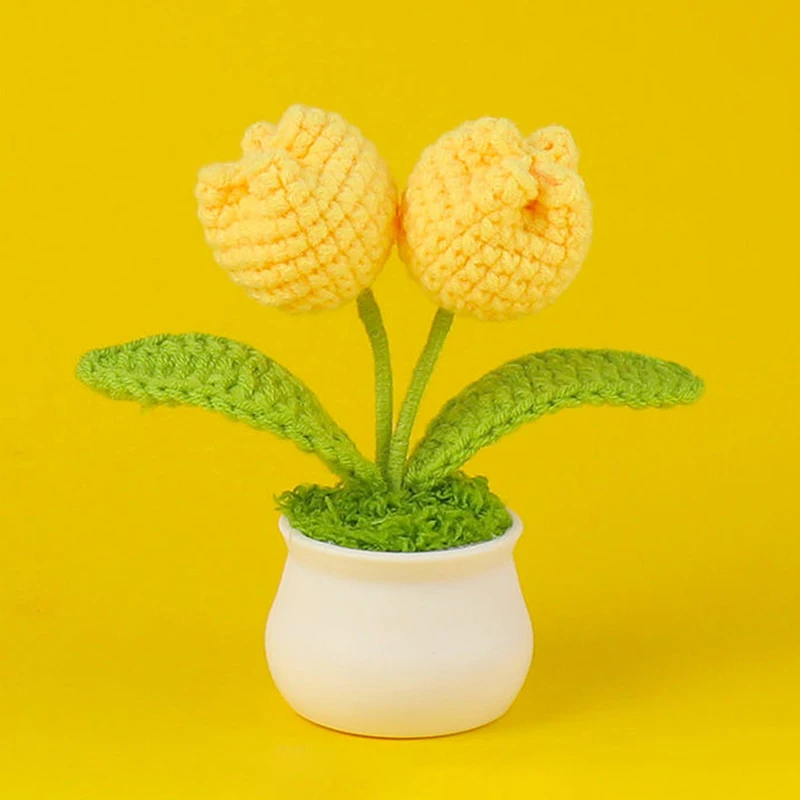 Artificial Flower Handwoven Mini Potted Flower Rose Office Desktop Ornamental Potted Plants Woolen Thread Home Decoration