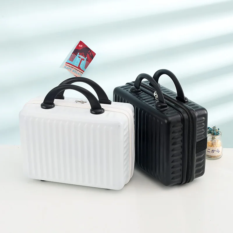 Portable 14 Inch Stripe Makeup Organizer Case Female Large Capacity Solid Color Suitcase Handheld Boarding Luggage Box for Women