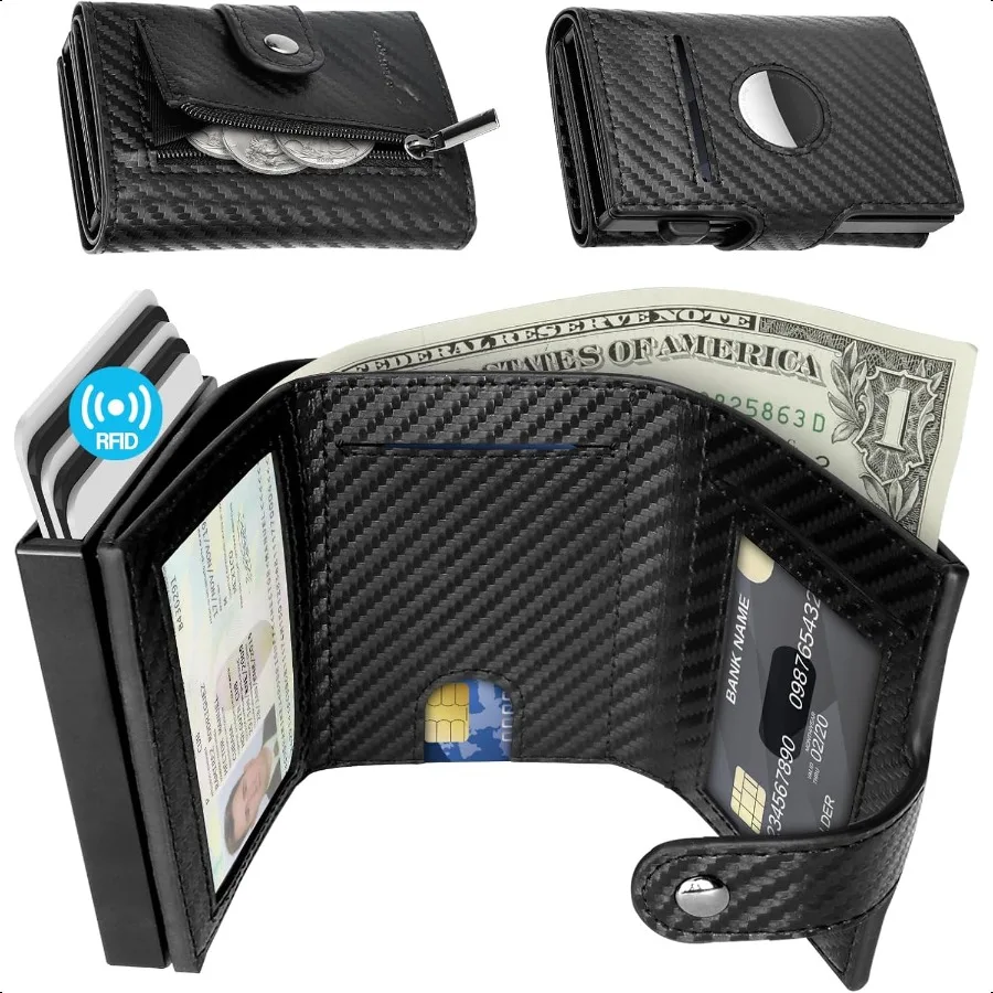 

Mens Wallet Credit Card Holder with AirTag Holder 2 ID Windows Trifold Leather RFID Blocking Pop Up Wallet Cash Slot Coin Pocke