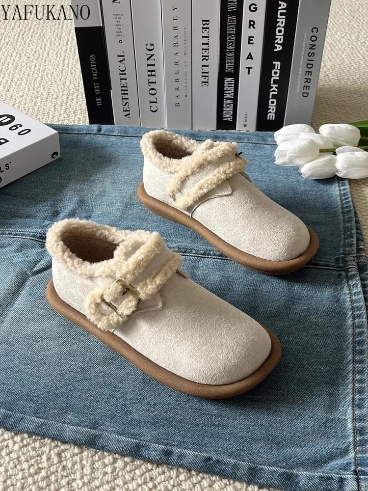 Mori Girl Suede Flat Heel Casual Cotton Shoes Winter New Round Toe Soft Sole Snow Shoes Fashion Faux Lamb Wool Women Ankle Boots