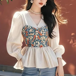 Long Sleeved Women's Blouse 2024 Early Autumn New Style French Waist Cinched V-neck Fashion Vacation Two Pieces for Spring Tops
