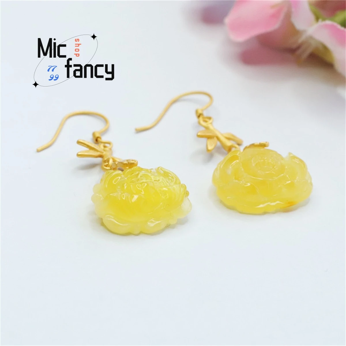 Natural S925 Silver Inlaid Wax Ear Ｈook Amber Peony Flower Earring Simple Generous Personality Exquisite Charm Women Fine Gift