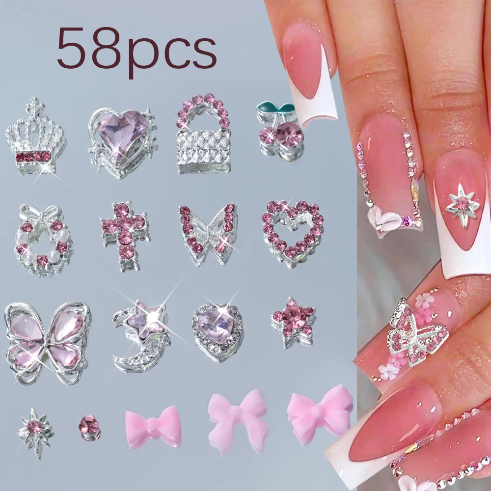 58/60 pz Mix Rosa Strass Farfalla/Croce/Cheria/Cuore Strass Per Unghie Carino Arco In Resina Pendenti E Ciondoli Per Unghie di Lusso Pendenti E Ciondoli Per Unghie Decor