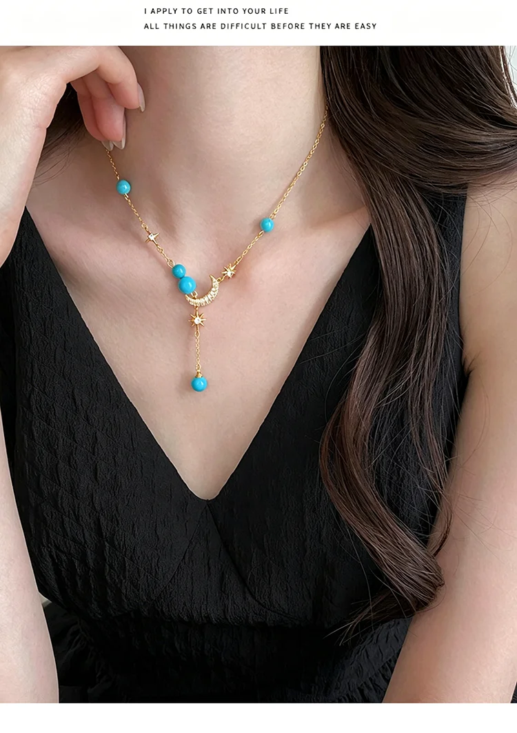 Goldfarbene Y-förmige Stern-Mond-Anhänger-Halskette für Damen mit Perlen, Zirkonia, Halbmond-Choker, elegante, zarte, verstellbare Kette, Schmuckgeschenk – Detail 5
