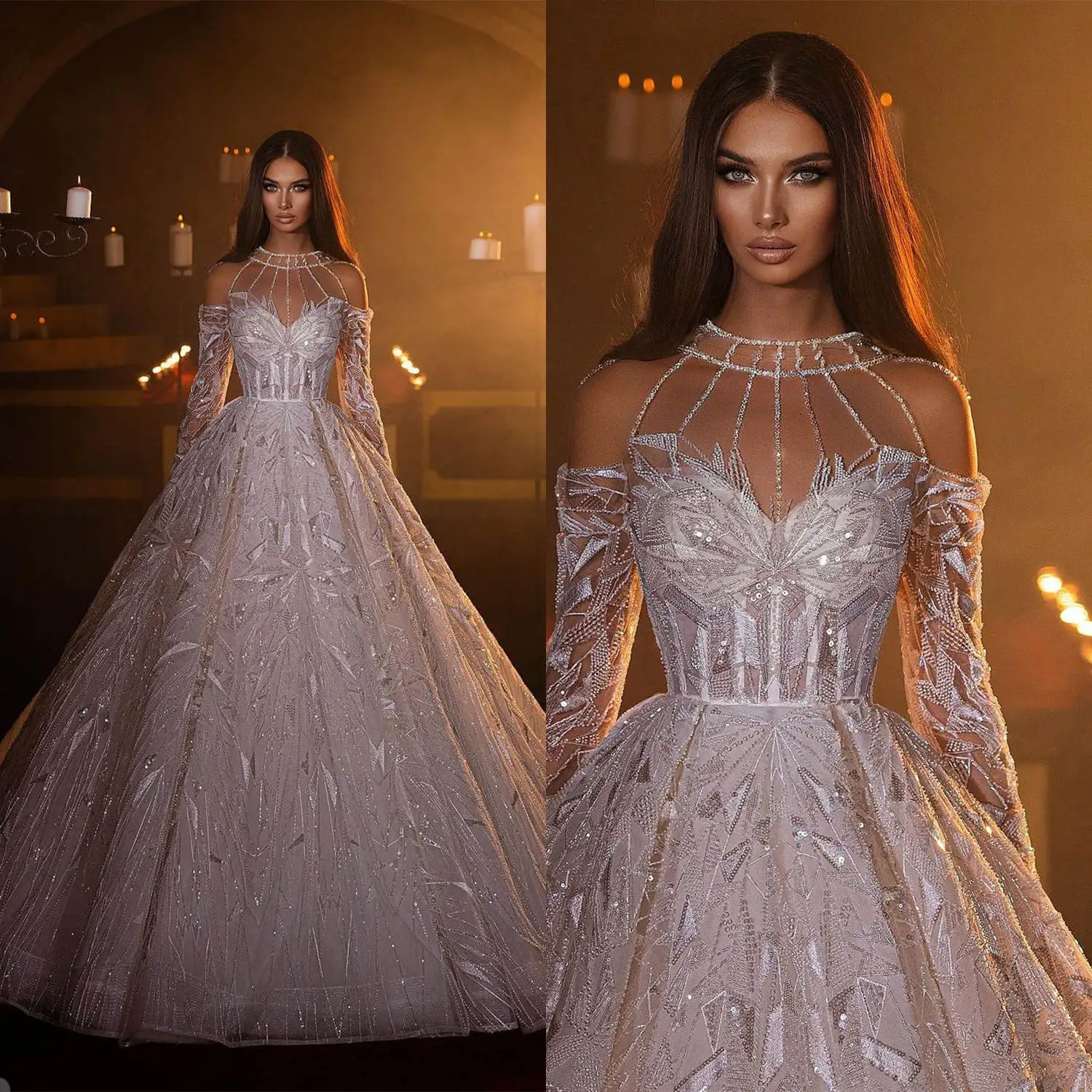 Princesa a linha vestidos de casamento o-pescoço lantejoulas miçangas manga longa vestidos de noiva vestidos de baile novia personalizado