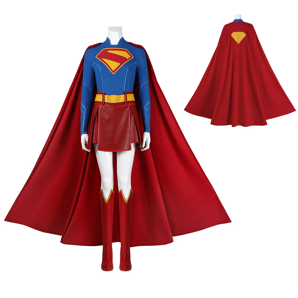 

Superhero Kara Zor El Cosplay Blue Jumpsuit Red Skirt Cloak Outfits Kara Danvers Halloween Roleplay Bodysuit Costume Battle Suit