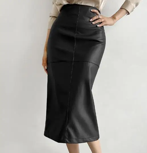 Otoño e Invierno Retro clásico caqui Slim Fit Pu cuero cintura alta Casual falda con abertura para mujer