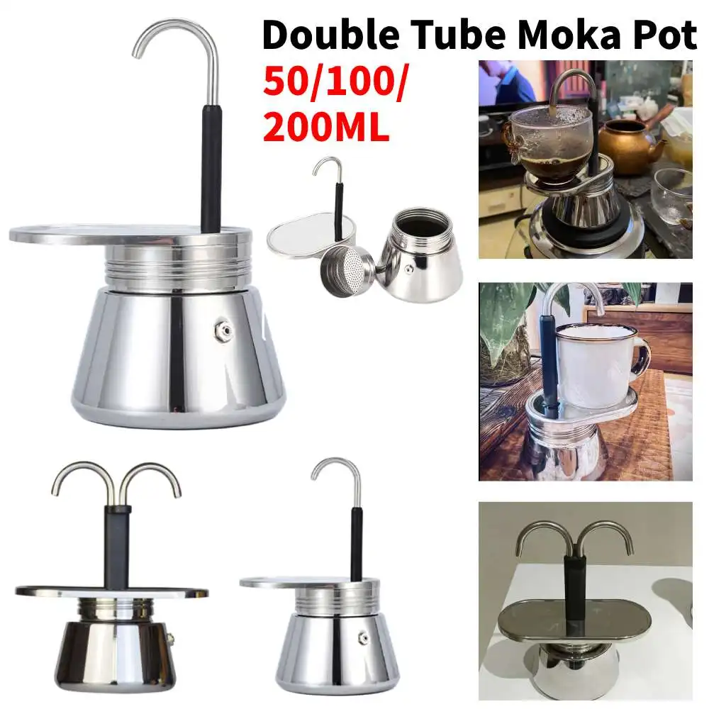 50/100/200ML Double Tube Moka Pot Stainless Steel Coffee Maker Coffee Machine Espresso Utensils Kitchen Coffeeware Barista