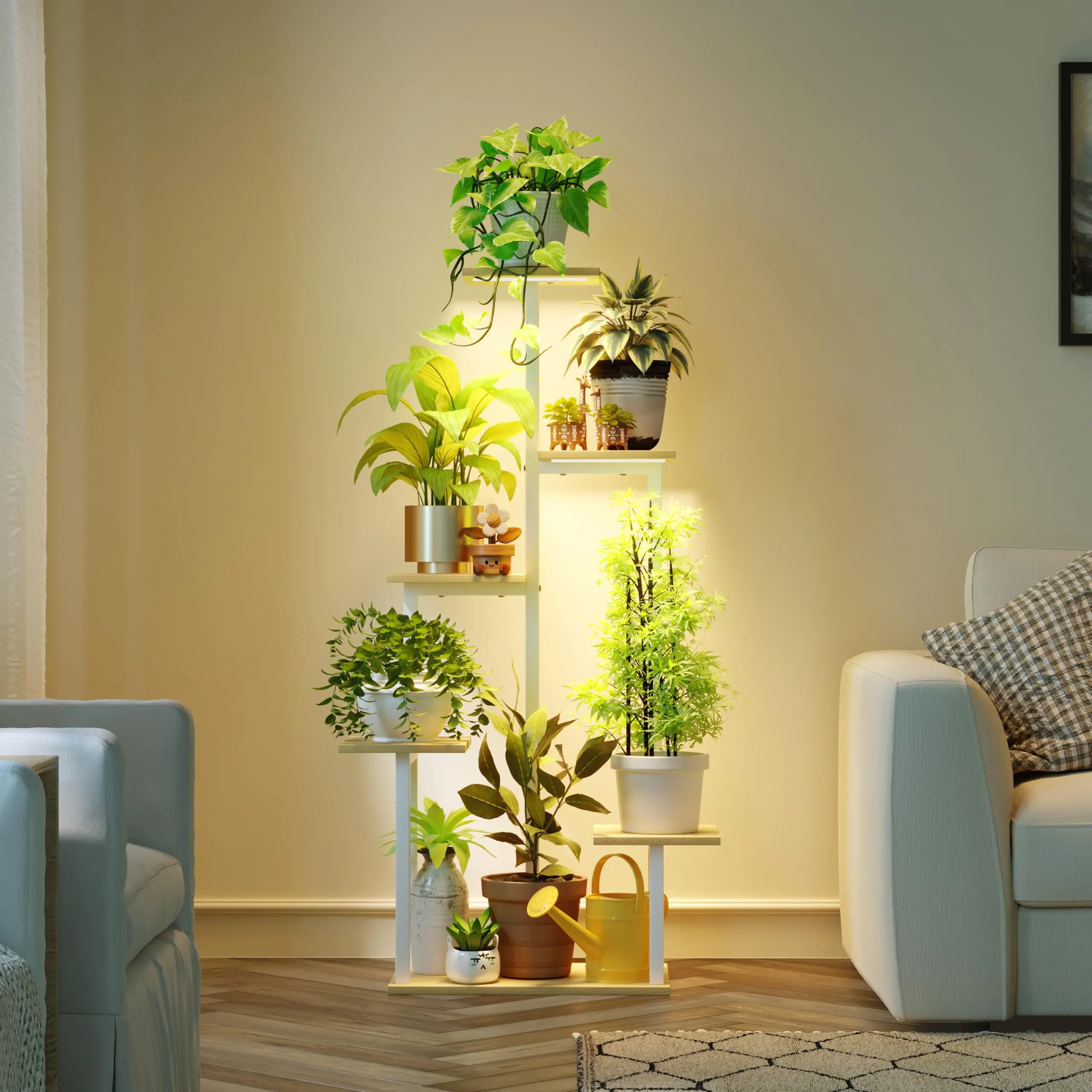 

Indoor Plant Stand With LED Grow Lights Tiered Corner Shelf Metal Multi Level Display Rack