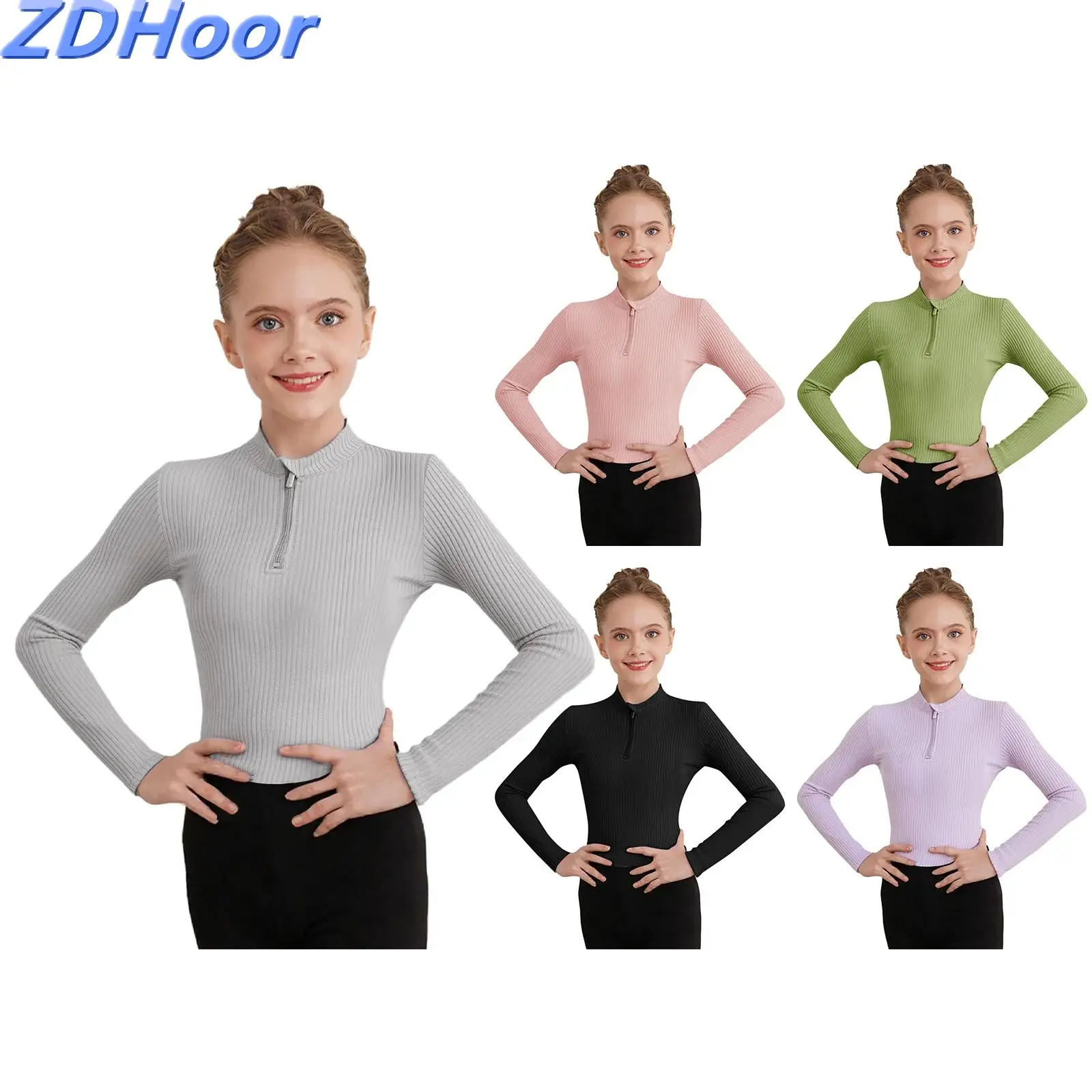 أطفال بنات مضلع الباليه القمم الوقوف طوق طويلة الأكمام الإبهام عادية بلون زمم البلوز القمم ملابس الرقص