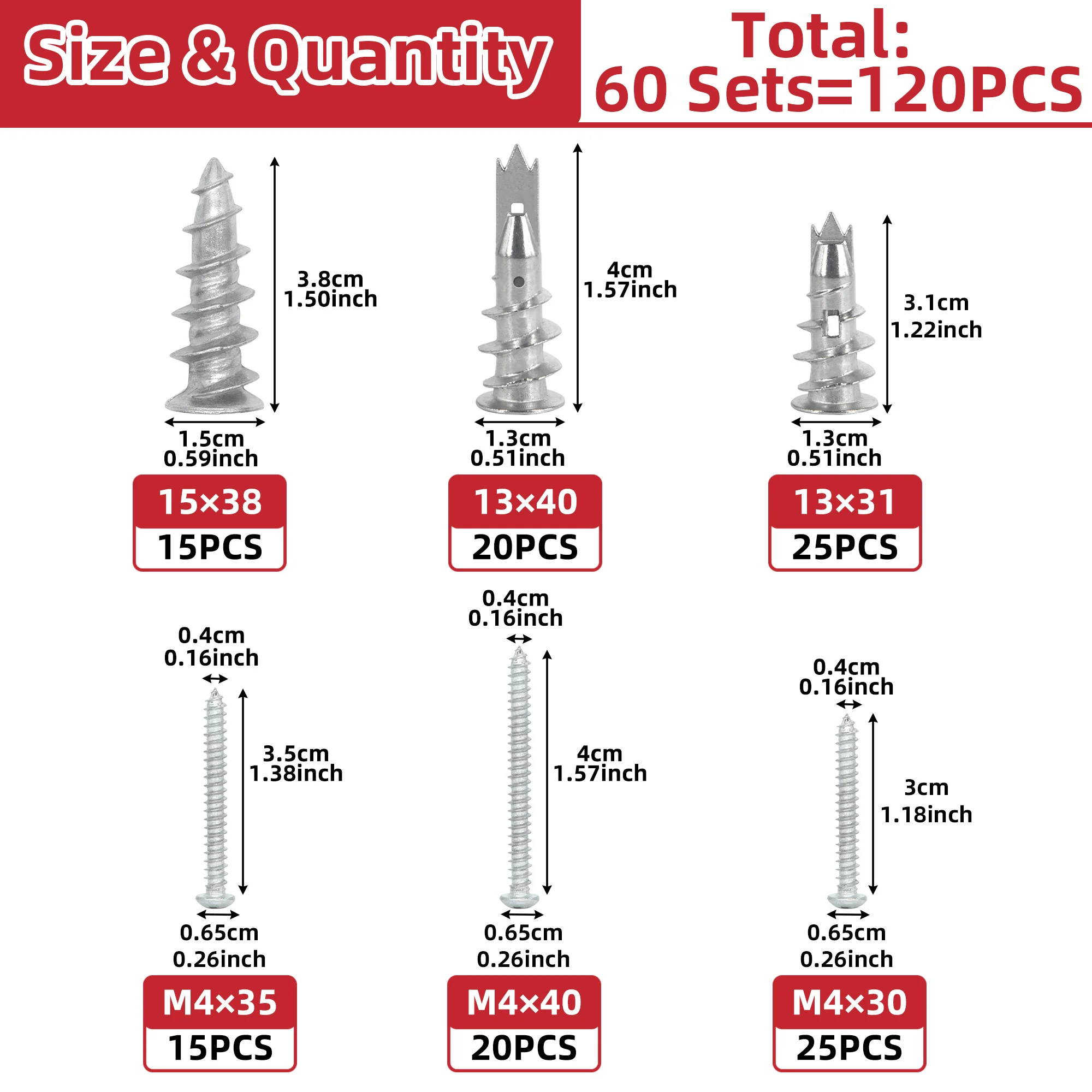 60Pcs Zinc Alloy Self Drilling Drywall Anchors with M4 Screws Kit, 3 Sizes Hollow Wall Expansion Fastener Assortment Set for Gyp