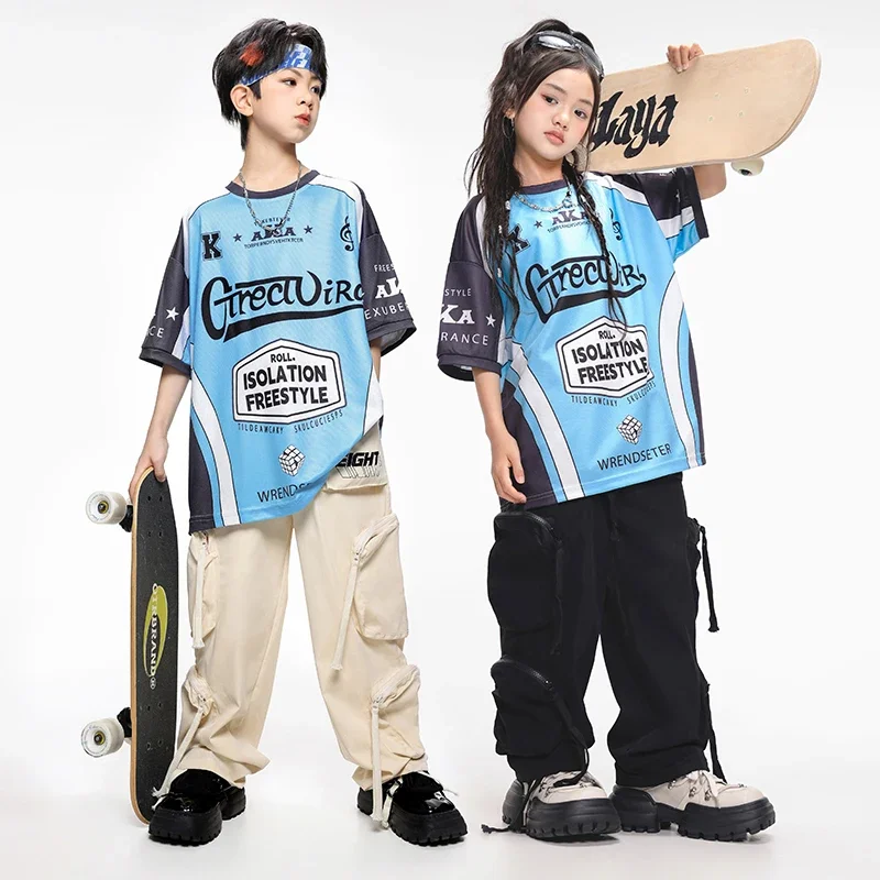 Boys Hip Hop Dancing Outfits Contrast Tshirt Cargo Pants Girls K-pop Street Dance Costumes Kids Jazz Clothes Child Streetwear