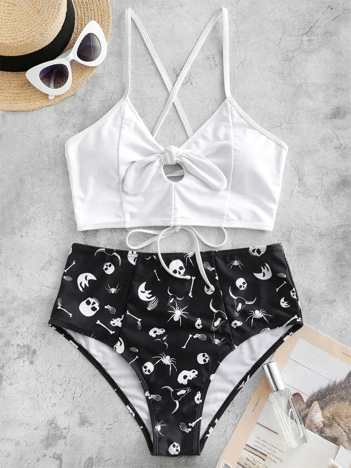 

Sexy Front Bow Bikini Set 2025 Mujer Women Cut Out Push Up Skull Print 2 Piece Swimsuit Summer Bathing High Waist Bikini Biquini