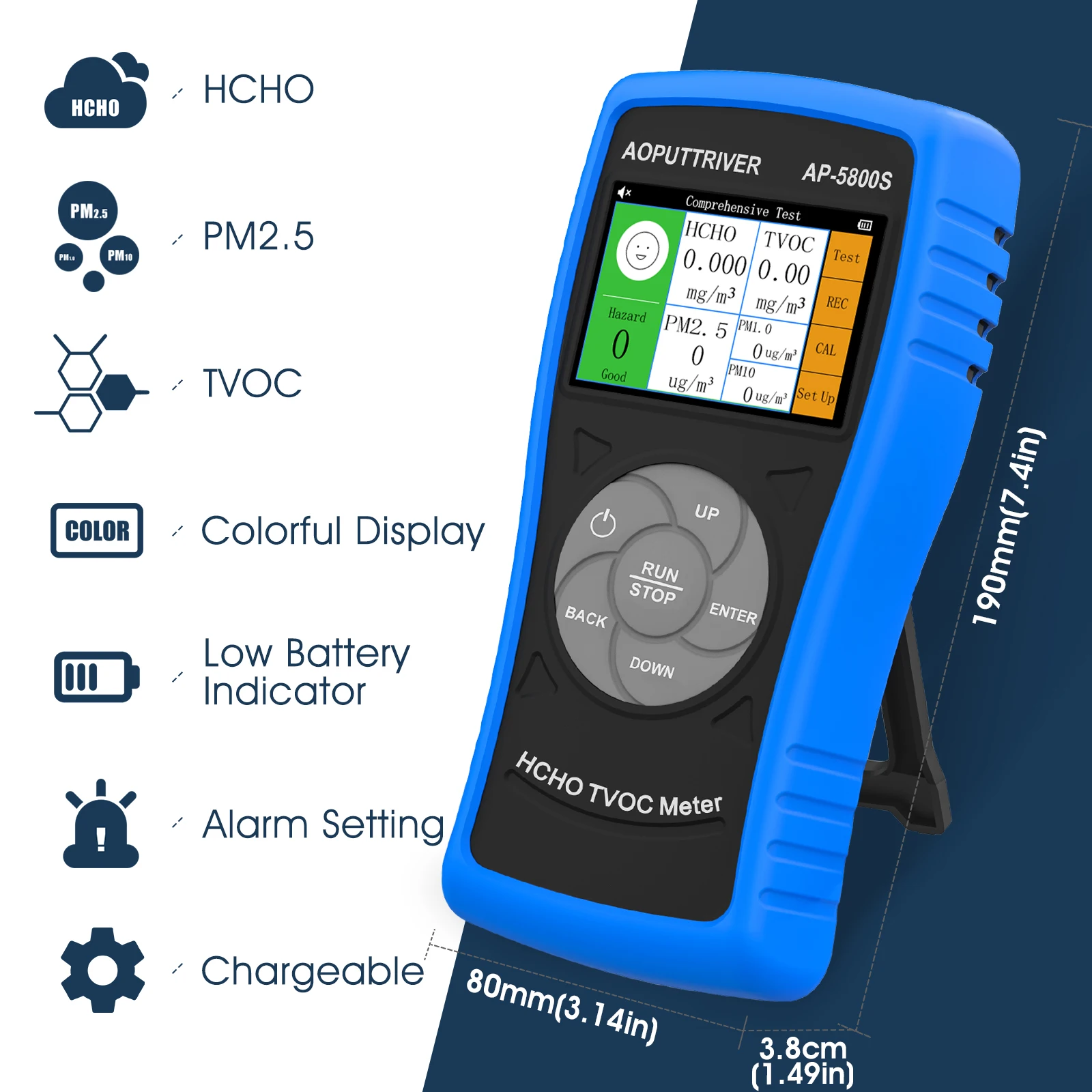 3 in 1 Air Quality Monitor Formaldehyde Detector PM2.5 PM10 HCHO TVOC Meter, USB Rechargeable for Home Office Indoor Use