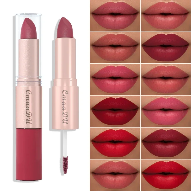 Esmalte de labios de terciopelo mate 2 en 1, resistente al agua, de larga duración, no se decolora fácilmente, brillo de labios, lápiz labial suave y sedoso, maquillaje, bálsamo labial Sexy para mujer