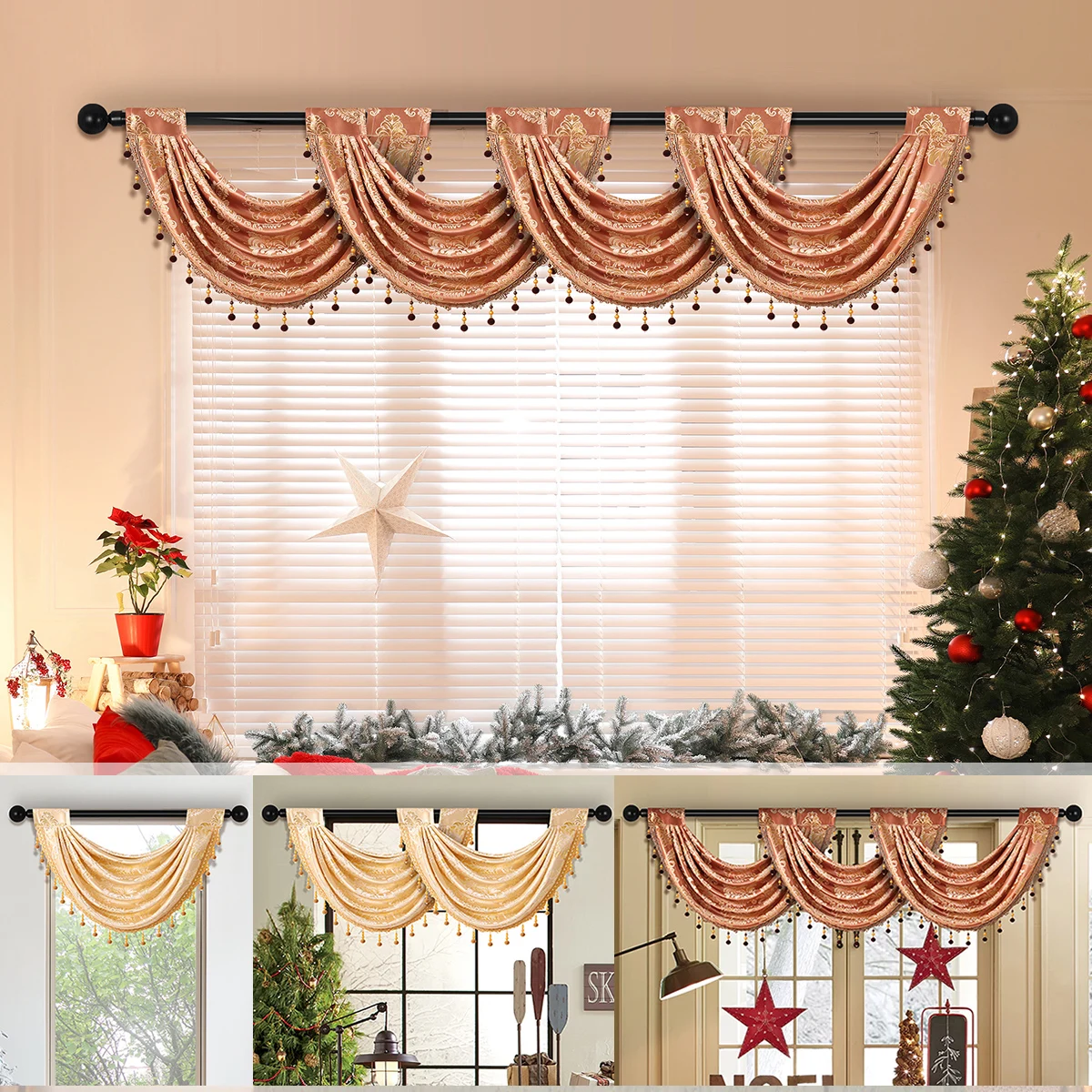 1pc Gold Geometric Pattern Curtain Valance，European Style Jacquard Fabric Wave Valance for Christmas Scene Decoration