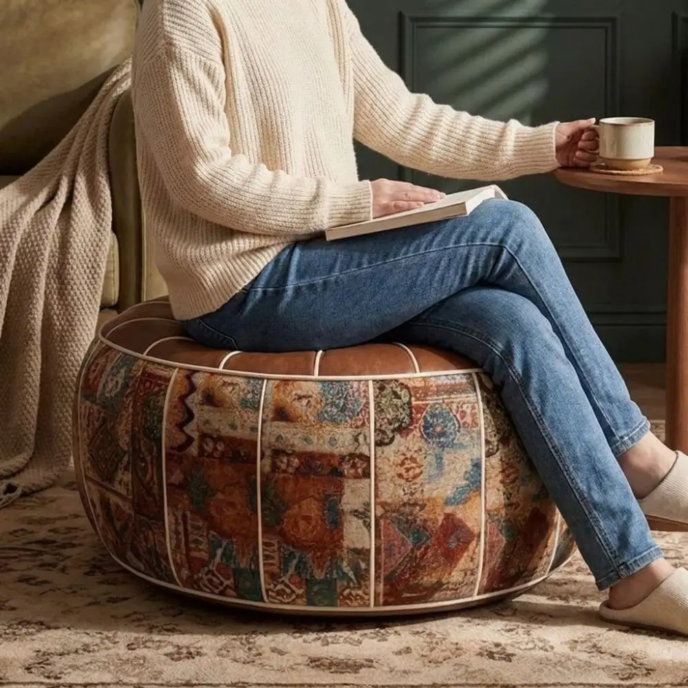 Multi-functional PU Leather Footstool Cover Large Capacity Bohemian Style Sofa Stool Cover Round Waterproof Storage Bag Bedroom view 2