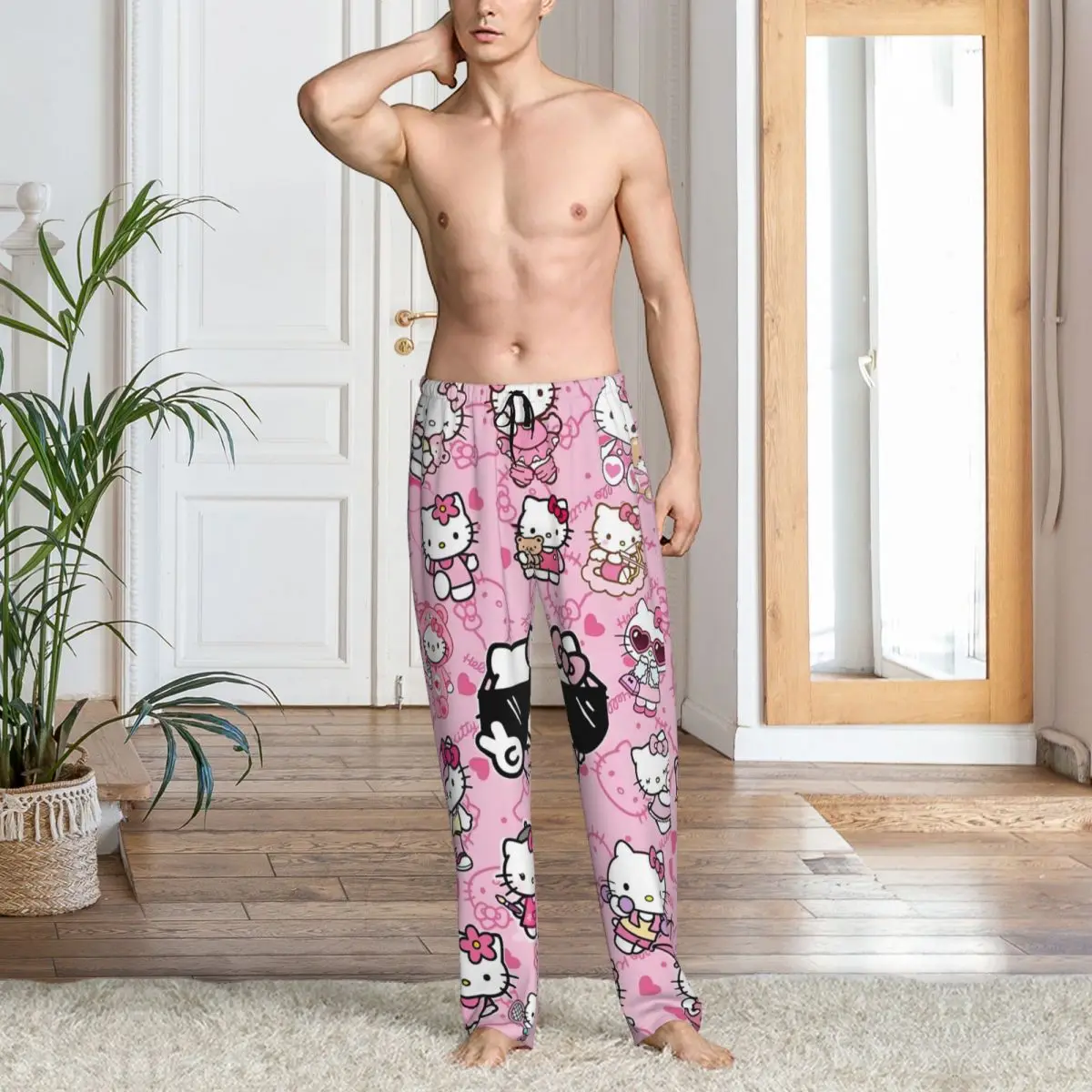 Custom Printed Hello Kitty Pajama Pants Men's Cute Cat Sleep Sleepwear Bottoms with Pockets