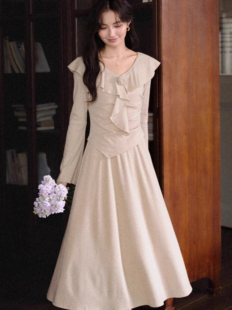 ALXNAN robe à flocons d'avoine à volants col en v robe longue élégante pour femmes automne nouveaux tissus tricotés décontractés faux robes deux pièces QJD00564