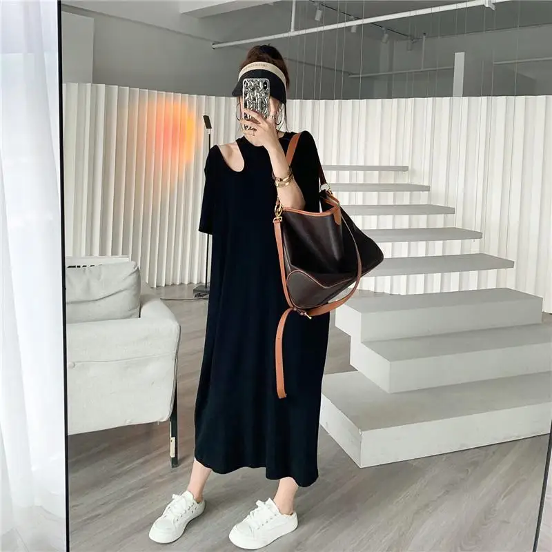 Hollow Out Short Sleeve T Shirt Dress Women Clothing Solid Color Loose Off Shoulder Casual Midi Dress Vintage Fashion Summer New