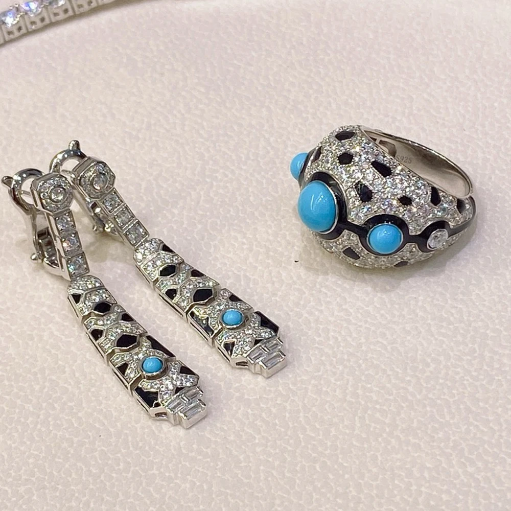 블랙 에나멜 합성 블루 터키석 레오파드 프린트 목걸이 귀걸이 반지 팬더 실버 925 주얼리 세트 여성용 파티용