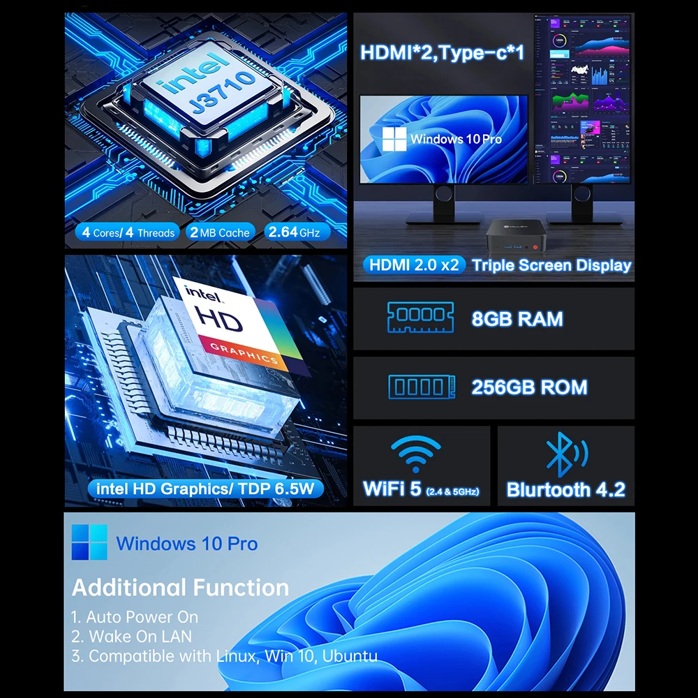MLLSE M2 Pro Mini PC Intel Pentium J3710 8 GB RAM 256 GB ROM Windows 10 WIFI 5