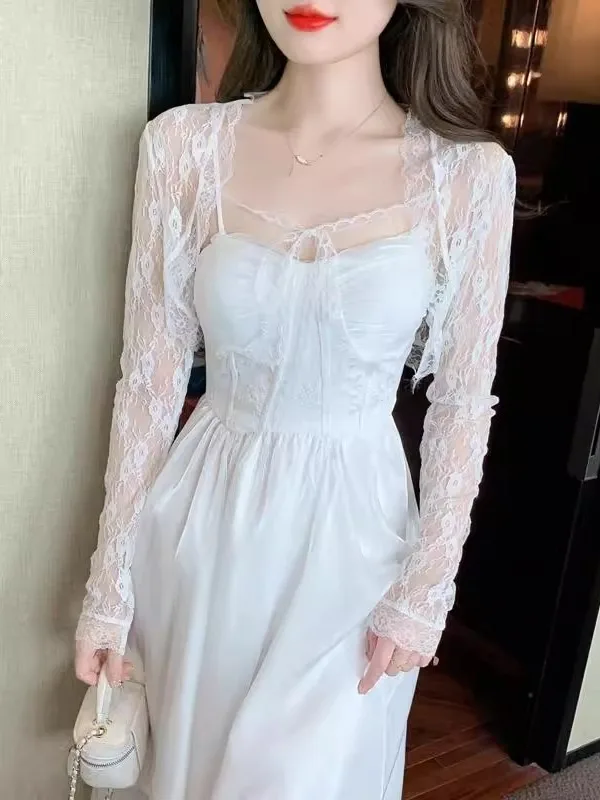 سترة نسائية صيفية جديدة من الدانتيل الأبيض ort Svel بحزام كتف Dr Outer awl طويلة Sve