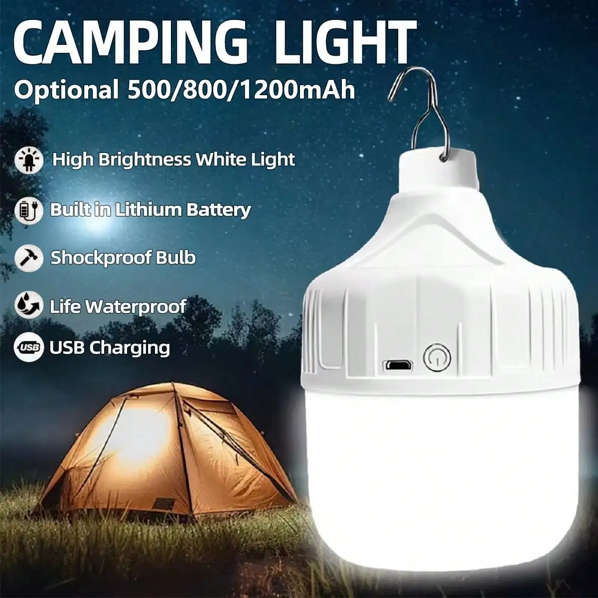 Portable Outdoor Camping Lights USB Rechargeable Lamp LED Emergency Bulb Hook High Power Tents Lantern Night Lights Bulb