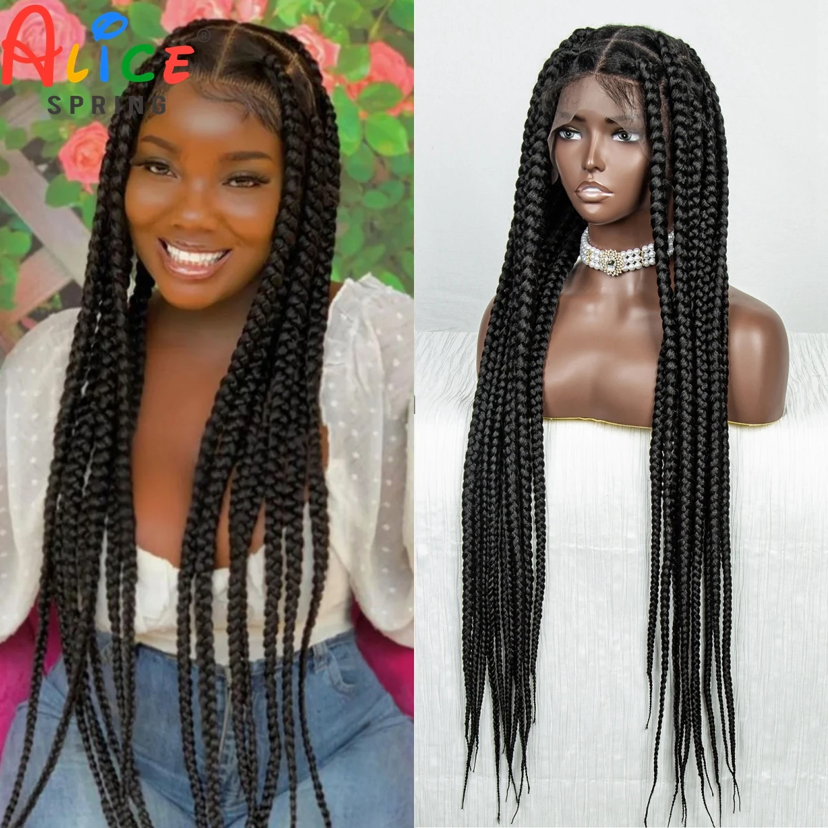 Peruca dianteira de renda sintética trançada longa para mulheres negras, 36 ", sem nós, tranças caixa, completa, torção, trança de cornrow