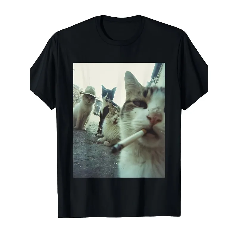 Cool Cat Smoker T-shirt, Pet Enthusiast Gift, Neutral Pattern T-shirt, Animal Enthusiast Clothing, Funny Cat Shirt Y2K.