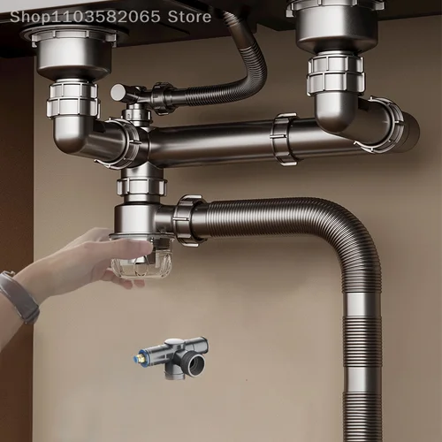 Imagen 2 del producto Tubo de drenaje para fregadero, fregadero individual y doble, tubo de drenaje antiolor, drenaje para fregadero en T, lavabo de cocina, accesorios de bajante para baño