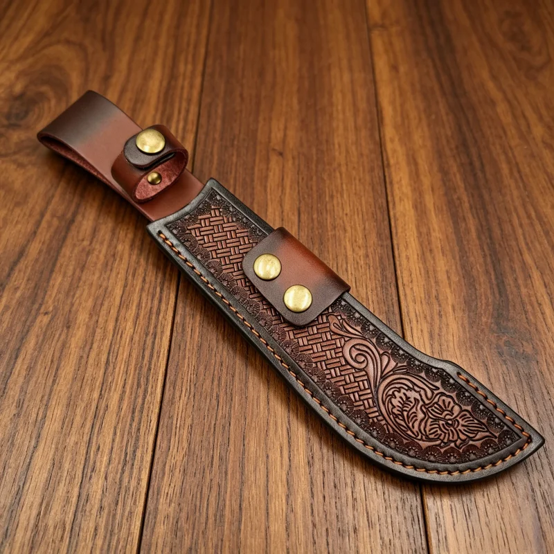 Vintage Woven & Floral Emboss Split Cowhide Knife Sheath Brass Rivet Waist Belt Tool Scabbard Sheath Only No Knife Included