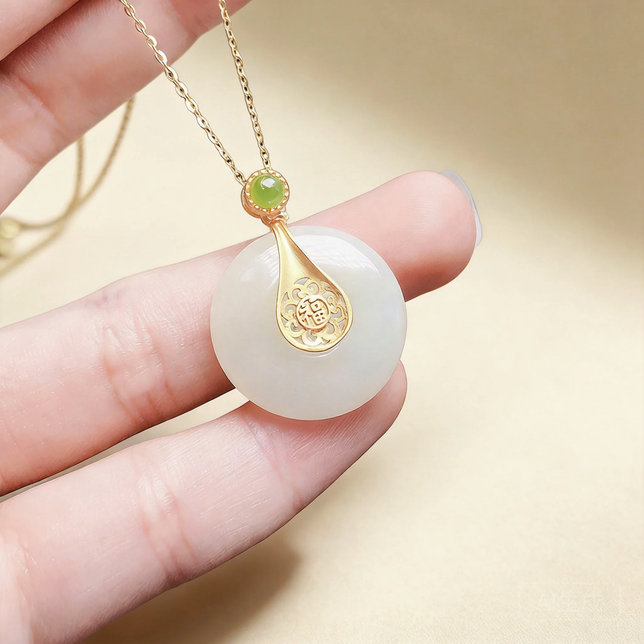 

Chinese Style Lucky Blessing Natural Hetian White Jade Peace Buckle Pendant Gold Plated Silver Necklace Good Luck Jewelry For