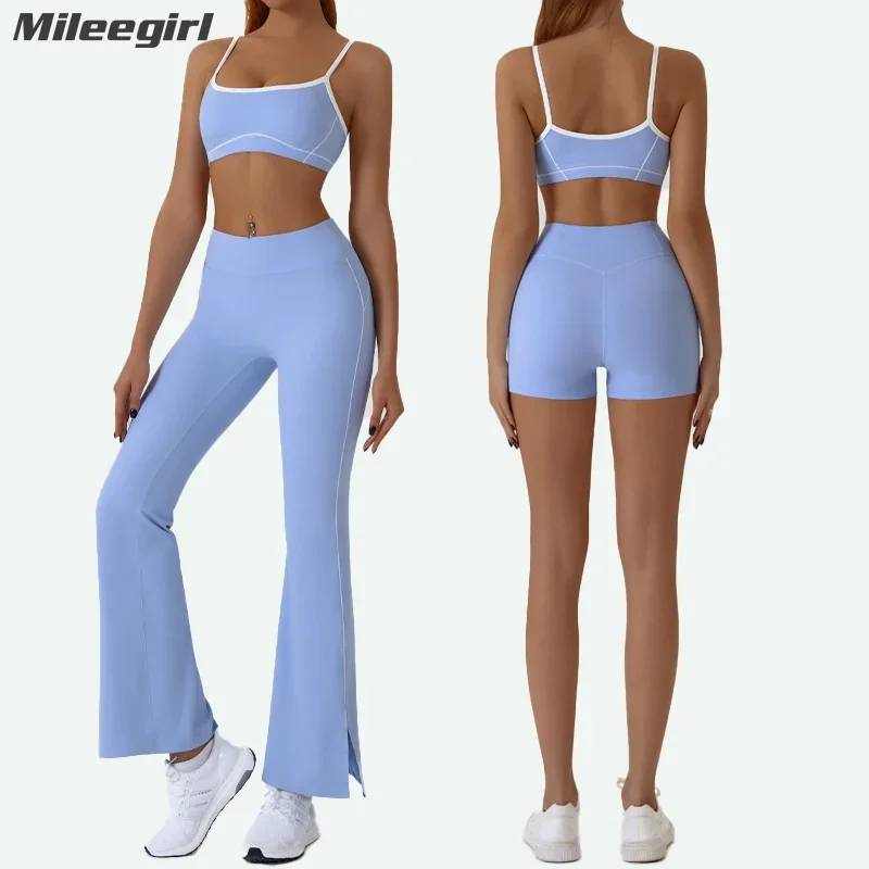 Mileegirl Contrast-trim Women Yoga Sets, Sports Bra Sets,Gym Fitness Shorts Sets, Workout Flare Pants sets, Running Tights