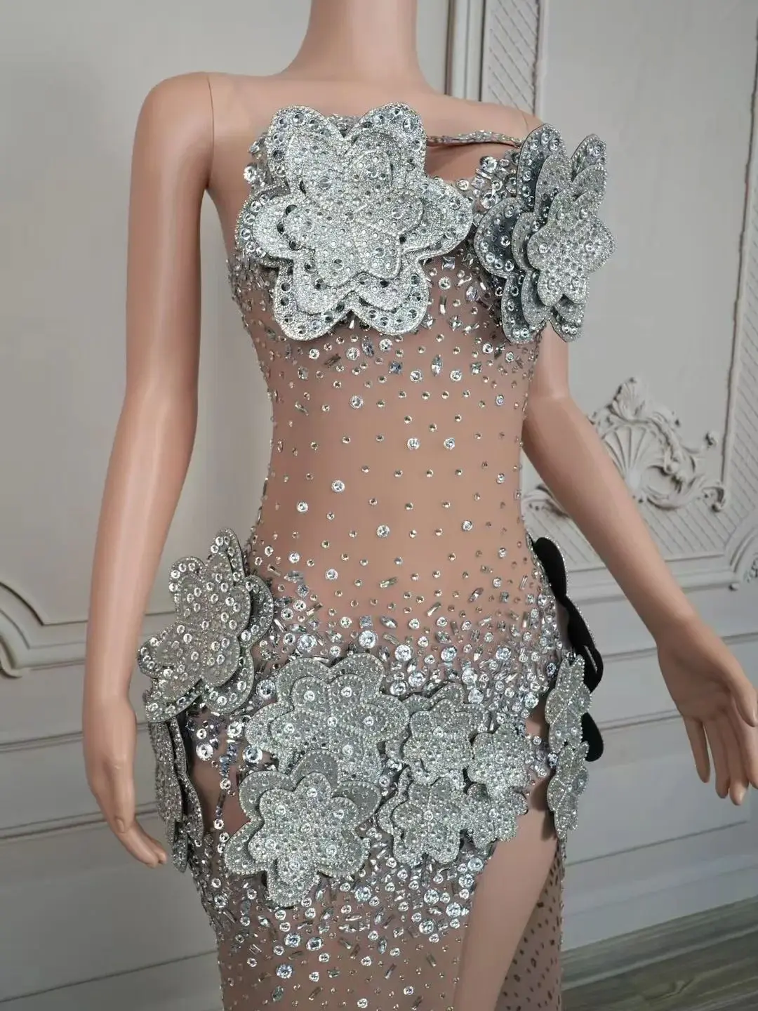 Luxe Pailletten Zilveren Bloem Mesh Trailing Jurk Nachtclub Bar Dj Prestaties Podiumkostuums Zanger Gogo Dansers Kleding DN20947