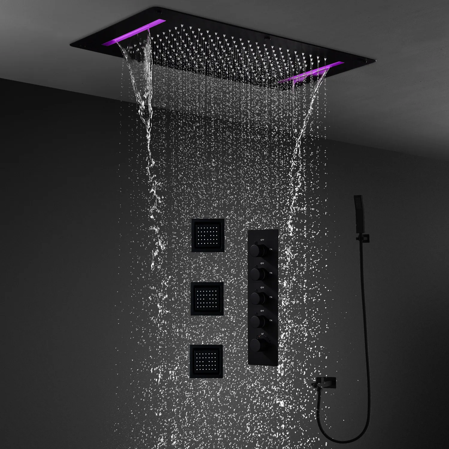 

hm Bathroom Rain LED Shower System Set Large Waterfall Rainfall Shower Head Panel Thermostatic Mixer With Side Jet Black Faucets