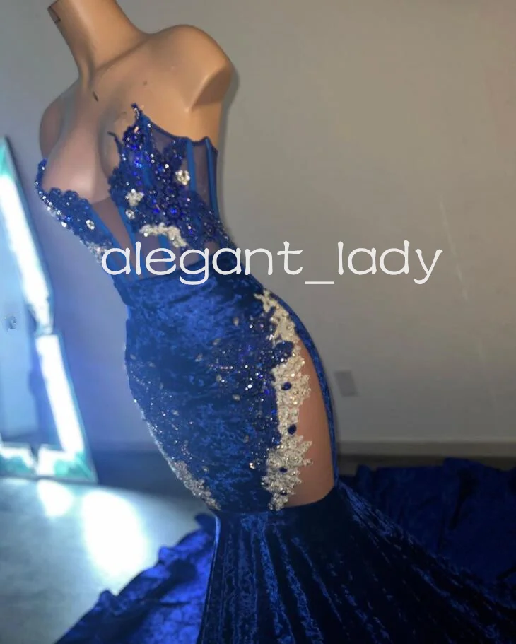 King Blue Velvet African Prom Dreses for Women Luxury Crystal Boning Corset Two Pieces Evening Ceremony Gown vestido de festa