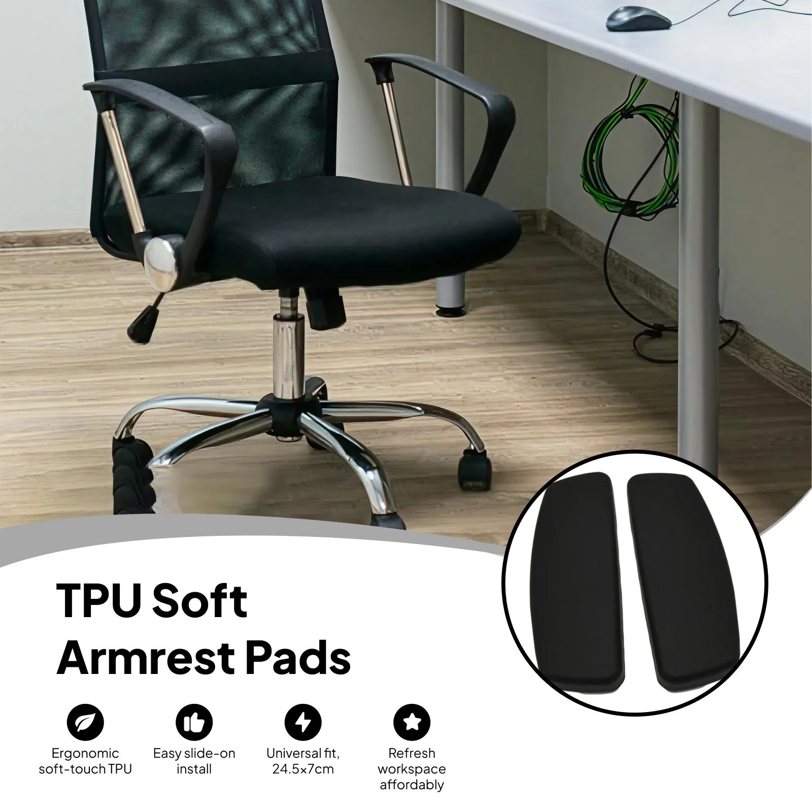 Black Armrest Pads for Office Chair TPU Material Universal Replacement Easy to Clean for Desk Chair Upgrade