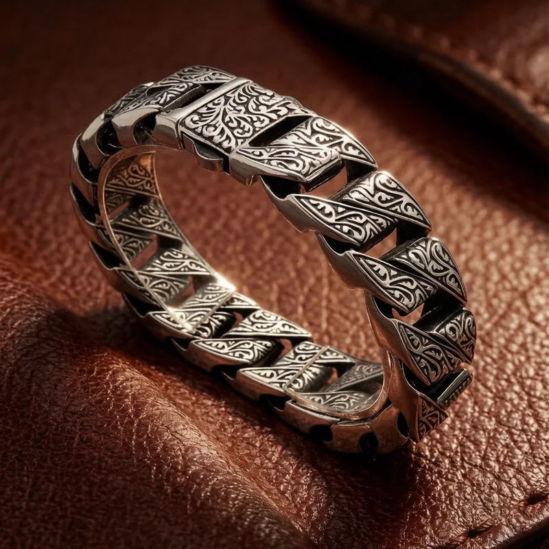 Kalen Vintage Geschnitztes Gliederarmband für Herren Punk Edelstahl Retro Blumenmuster Gravierte Dicke Kette Schmuck Gothic Jubiläumsgeschenk – Detail 5